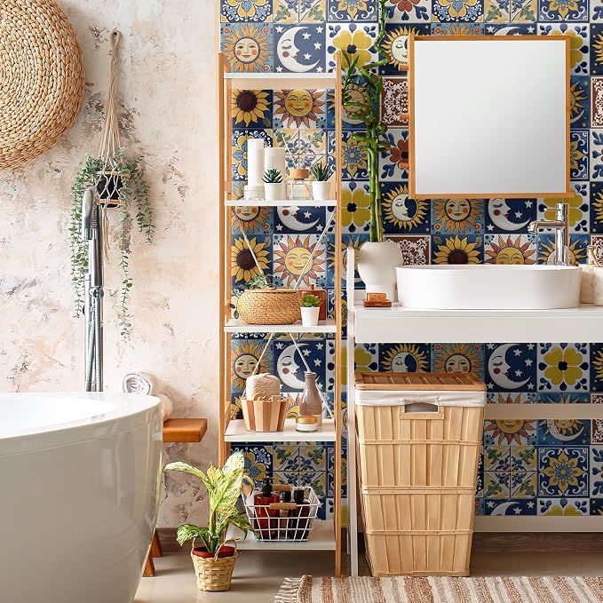 6X6 in Tile Decals Stick on Backsplash for Kitchen Wall,24Pcs | 1.6mm-Thick FOAM+PE Tile Stickers,Sun/Moon Pattern Mexican Tiles for Bathroom,Cabinets,RVs
