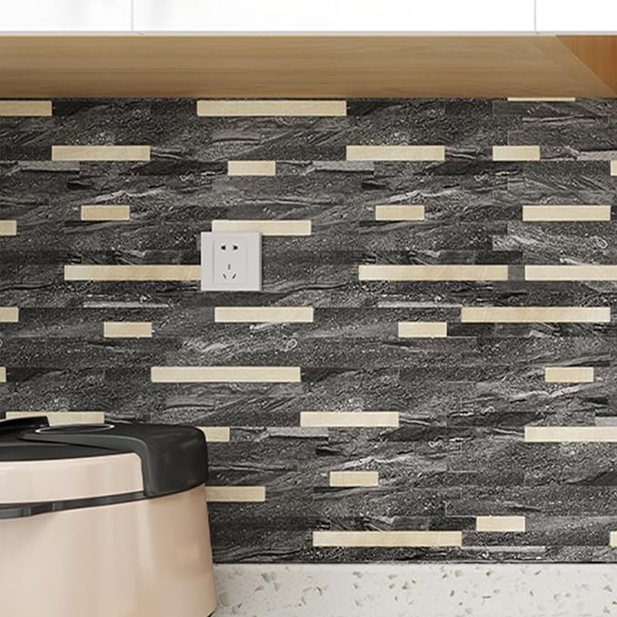 KASARO Peel and Stick Marble Backsplash Tile, 10 Sheets, Black Marble with Vintage Golden Stripes, Self-Adhesive Wall Tile for Kitchen, Bathroom, Fireplace, RV (11.4” x 10.6”)