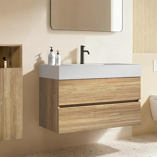 36 Inch Floating Bathroom Vanity with Sink, Modern Floating Bathroom Cabinet with 2 Soft-Closing Drawers, Large Storage for Powder Room, Apartment, Hotel, Rough Oak Finish, Fir Collection