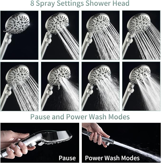 Handheld Shower Head with 79inch Extra Long Hose,ON OFF Switch. | 8 Spray Settings High Pressure Detachable Showerhead,Built-in Power Sprayer to Clean Pets, Adjustable Angle Bracket,Silver