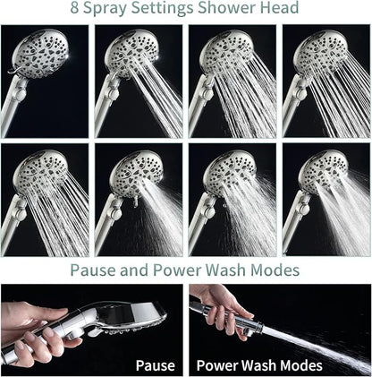 Handheld Shower Head with 79inch Extra Long Hose,ON OFF Switch. | 8 Spray Settings High Pressure Detachable Showerhead,Built-in Power Sprayer to Clean Pets, Adjustable Angle Bracket,Silver
