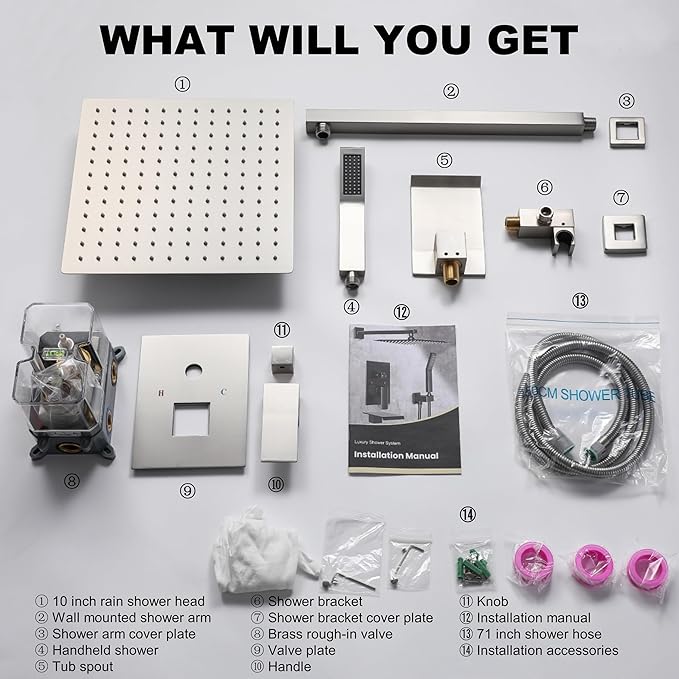 Shower System with Tub Spout, 10-Inch High-Pressure Rain Showerhead and Handheld Combo, Brushed Nickel Shower Faucet Set with Rough-in Valve and Trim Kit, Wall Mounted All-Metal Shower Set
