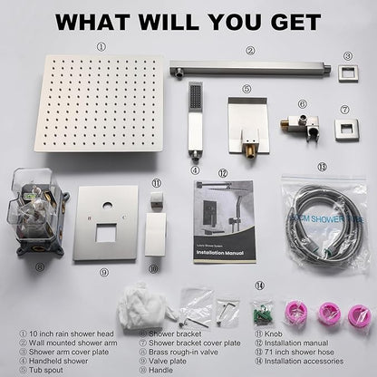 Shower System with Tub Spout, 10-Inch High-Pressure Rain Showerhead and Handheld Combo, Brushed Nickel Shower Faucet Set with Rough-in Valve and Trim Kit, Wall Mounted All-Metal Shower Set