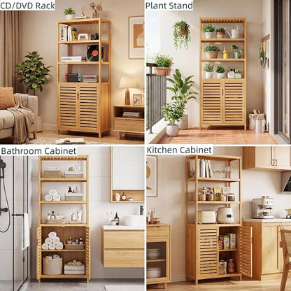 6-Tier Bamboo Book Shelves with 2 Door, Tall Bathroom Storage Cabinet | Freestanding Natural Bamboo Cabinet, 67" Tall Cabinet w/Plant Stand for Home Office, Living Room, Kitchen Dining,Balcony,2PCS