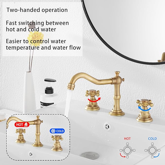 GGStudy 8 inch 2 Handles 3 Holes Widespread Bathroom Sink Faucet Antique Brass Bathroom Vanity Faucet Basin Mixer Tap Faucet Matching Metal Pop Up Drain with Overflow