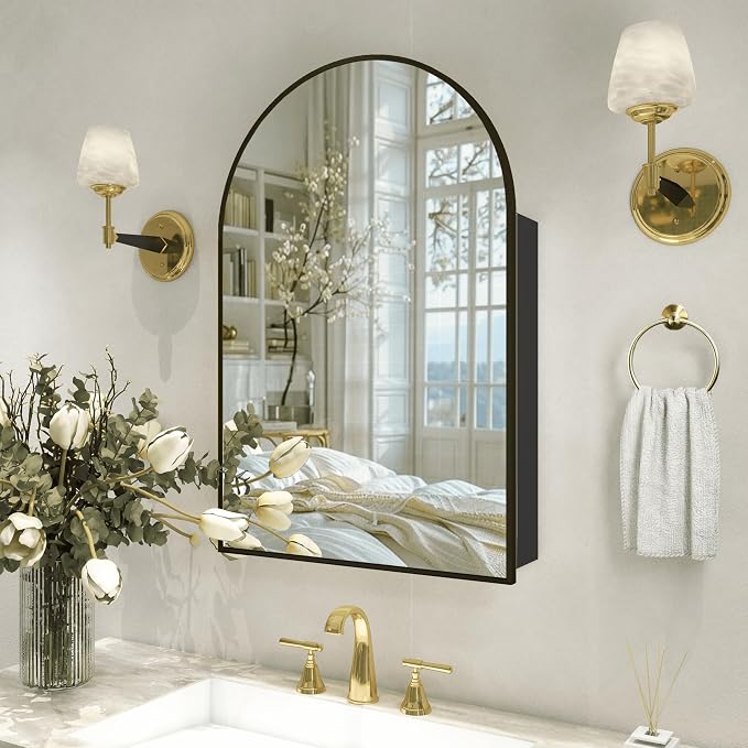 Arched Medicine Cabinet with Mirror,Bathroom Medicine Cabinet with Mirror Wall Mounted,Mirrored Medicine Cabinets with Adjustable Shelves,Not Recessed,24x36 Inch,Black