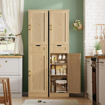 Iwell Tall Narrow Storage Cabinet with 1 Drawer and 2 Doors, Fluted Cabinet with Adjustable Shelves, Rattan Kitchen Cabinet for Bathroom, Living Room, Kitchen, Natural Oak