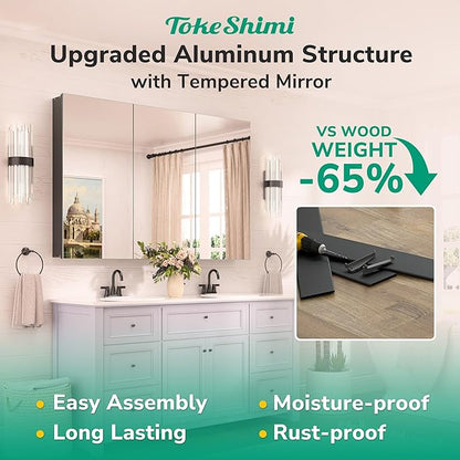 TokeShimi 16 x 20 Surface Mount Medicine Cabinet Aluminum, Tempered Frameless Bathroom Mirror with Storage Adjustable, Black Recessed Medicine Cabinet with Mirrored for Bathroom Farmhouse