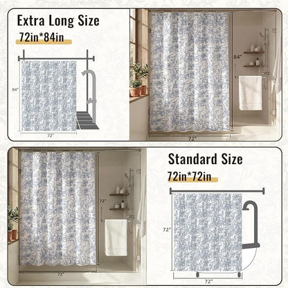 Farmhouse Blue Floral Shower Curtain with 12 Clear Rings 72"W x 84"L | Boho Fabric Shower Curtain Set, Vintage Cottagecore Shower Curtain for Bathroom