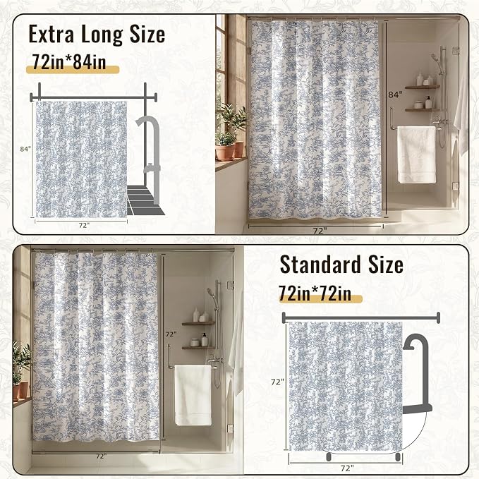 Farmhouse Blue Floral Shower Curtain with 12 Clear Rings 72"W x 72"L | Boho Fabric Shower Curtain Set, Vintage Cottagecore Shower Curtain for Bathroom