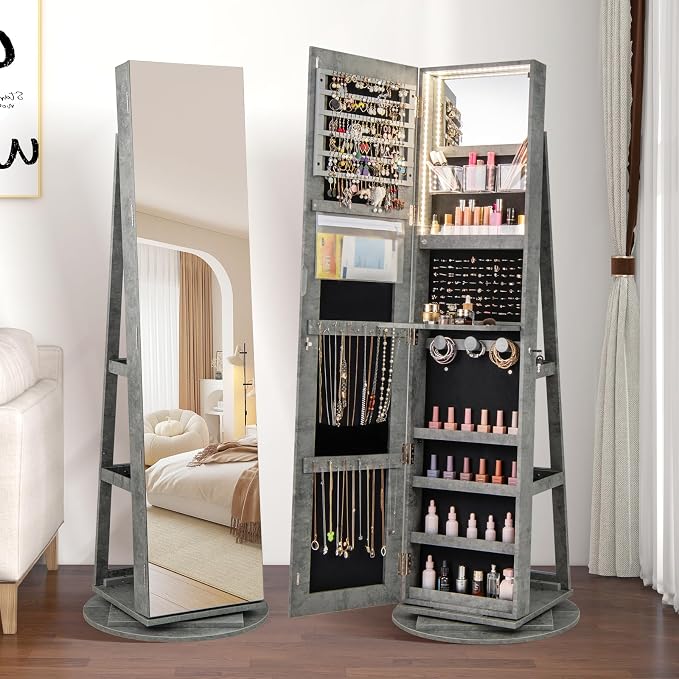 CHARMAID 360° Swivel Jewelry Armoire with Full Length Mirror, Rear Storage Shelves, Lockable Standing Jewelry Cabinet Organizer with Interior Vanity Mirror and 3-Color Lights (Stone Gray)