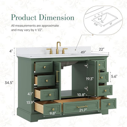 48 Inch Bathroom Vanity with Sink, Fully Assembled, Green | Bathroom Vanity with Solid Wood Frame, Carrara White Stone Countertop and Backsplash, 9 Soft-Close Dovetail Drawers