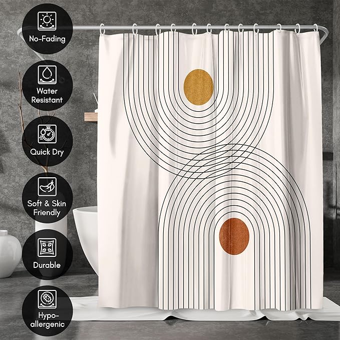 Americanflat 71x74 Boho Shower Curtain - Water-Resistant Long Shower Curtain with Durable Metal Grommets and 12 Hooks - 100% Polyester - Black, Mustard Yellow, Terracotta and Beige