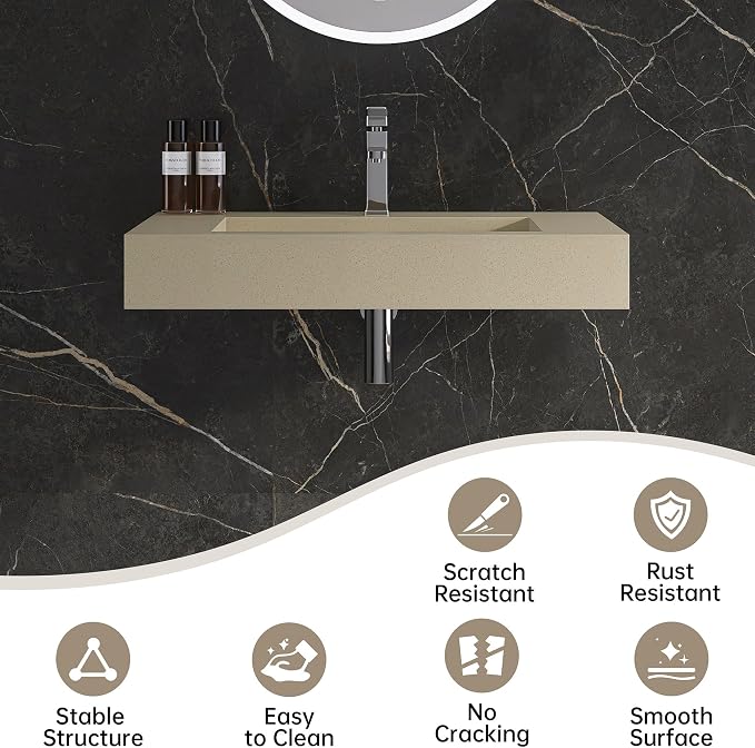 30" x 19" Bathroom Sink with Solid Surface, Wall Mount Bathroom Sink with Single Faucet Hole, Rectangle Stone Resin Vessel Sinks for Indoor Outdoors,Floating Wall Hang Sink Bowl, Beige