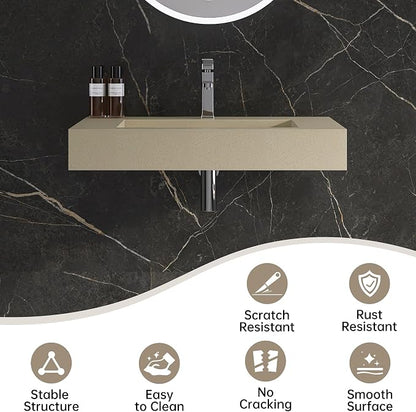 30" x 19" Bathroom Sink with Solid Surface, Wall Mount Bathroom Sink with Single Faucet Hole, Rectangle Stone Resin Vessel Sinks for Indoor Outdoors,Floating Wall Hang Sink Bowl, Beige