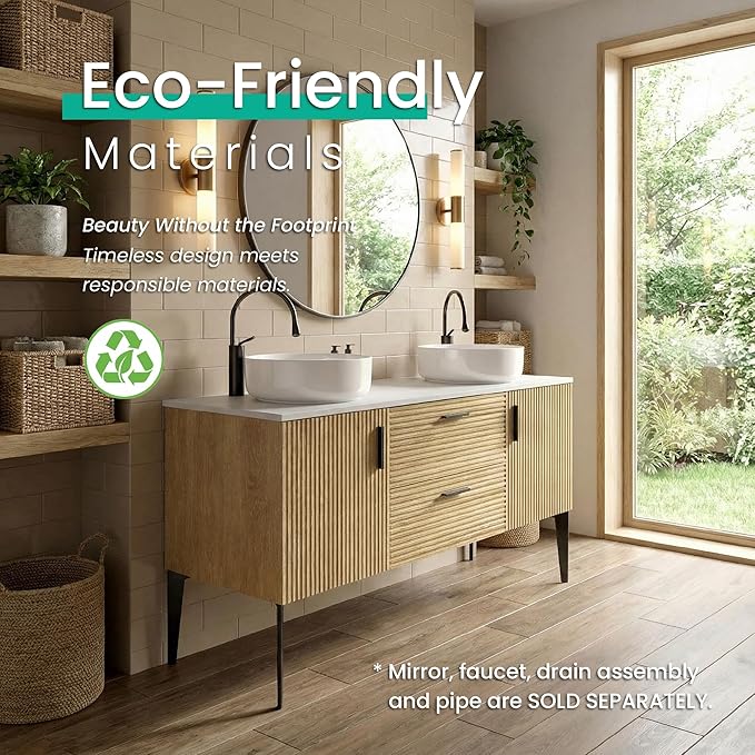 60" Double Bathroom Vanity with Sink Combo, Mid-Century Modern Bath Cabinet with 2 Doors & 2 Drawers, Large Storage for Bar, Hotel, Apartment, Natural Oak