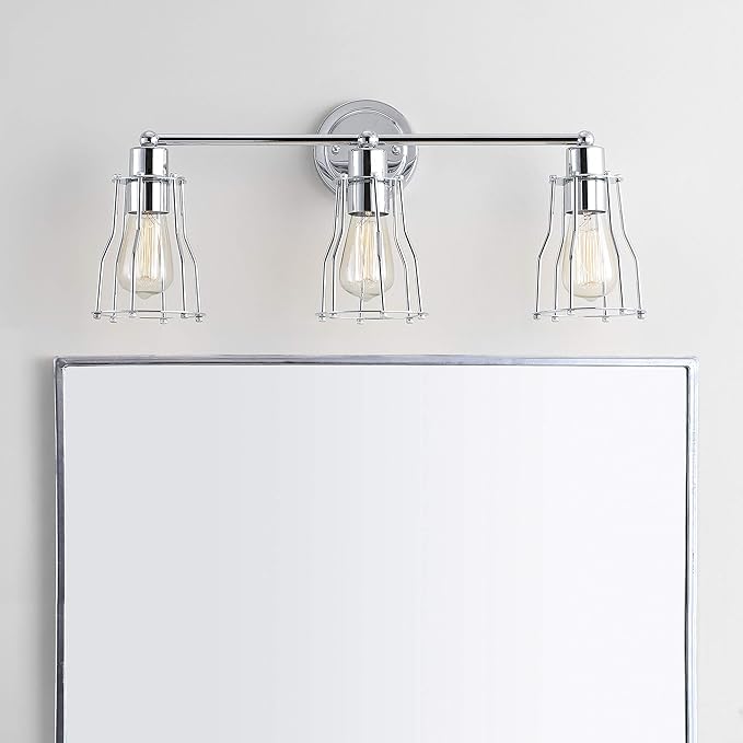 JONATHAN Y 24" Chrome Modern Industrial Metal Vanity Light, Bathroom Sconce for Mirror, Reversible 3-Light Wall Lamp with Metal Cage Shade for Hallway, LED Bulb Included (JYL7417A)