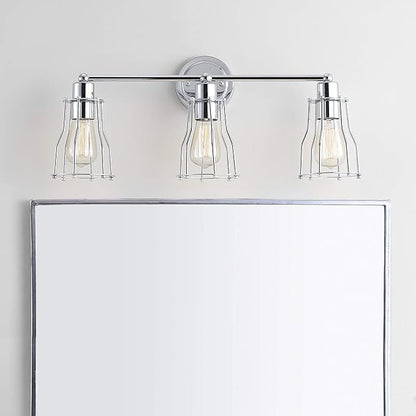 JONATHAN Y 24" Chrome Modern Industrial Metal Vanity Light, Bathroom Sconce for Mirror, Reversible 3-Light Wall Lamp with Metal Cage Shade for Hallway, LED Bulb Included (JYL7417A)