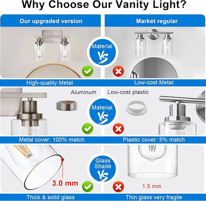 MELUCEE 2 Heads Bathroom Light Fixtures Brushed Nickel | Metal Wall Lights with Clear Glass Shade Modern Vanity Lights Sconces for Hallway Bedroom Kitchen (Patent No.: US D963914 S)