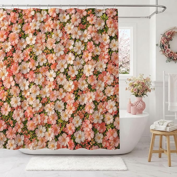 Floral Shower Curtain Pink Farmhouse Flowers Shower Curtain 72 X 72 Inch | with Waterproof Washable Bath Curtain for Boho Floral Bathroom Decor
