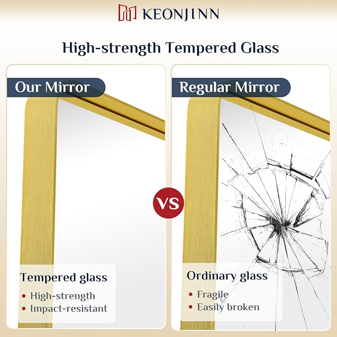 Keonjinn 24 x 32 Inch Brushed Gold Bathroom Vanity Mirror, Tempered Glass | Brass Bathroom Mirrors for over Sink, Anti-Rust Aluminum Frame, Rounded Rectangle, French Cleat Mount, Clear Reflection