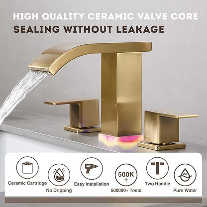 Brushed Gold Waterfall Bathroom faucets, 8 inch Widespread Modern Sink Faucet, Touch on 3 Hole 2 Handle Vanity,Gold Bathroom Sink Faucet with LED
