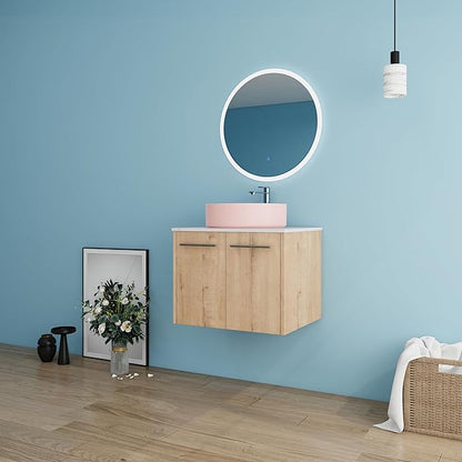 24" Floating Vanity with Sink, 24 Inch Bathroom Vanity with Sink, Modern Plywood Floating Cabinet with Sintered Stone Countertop and Pink Ceramic Basin, Soft Close Doors