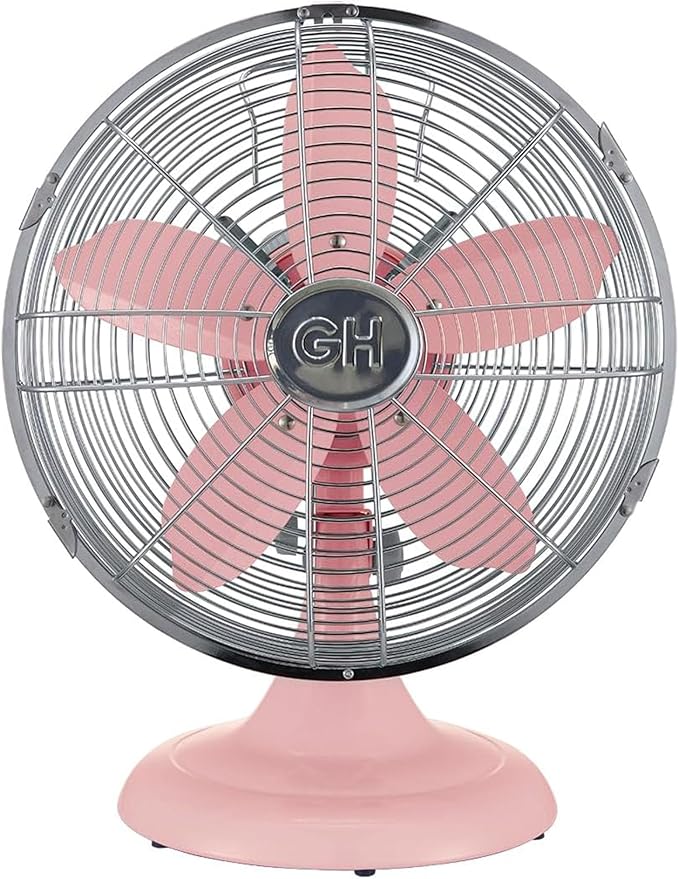 Good Housekeeping 92606 All-Metal 12" Retro Desk Office Table Fan with Wide Oscillation, 3-Speed Settings & Carrying Handle, Pink