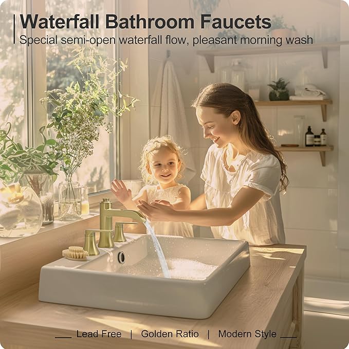 Brushed Gold Bathroom Faucet, 8 Inch Waterfall Bathroom Sink Faucet, Brass Widespread 3 Hole Bathroom Faucets, 2 Handles Faucets for Bathroom Sinks with Pop-up Drain for Vanity