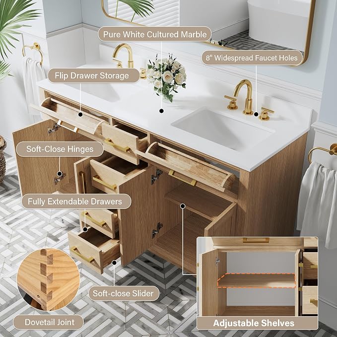 60-Inch Bathroom Vanity with Double Sinks W/ 4 Doors & 4 Drawers & 2 Flip Drawers, Oak Vanity W/Brushed Gold Handles