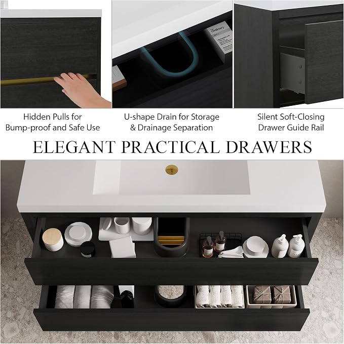 Modern 48" Wall-Mounted Bathroom Vanity with Sink | Floating Storage Cabinet, Stone Resin Countertop, Soft Close Drawers | Espresso Wood