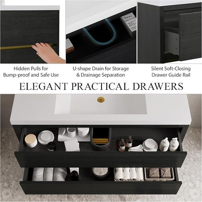 Modern 48" Wall-Mounted Bathroom Vanity with Sink | Floating Storage Cabinet, Stone Resin Countertop, Soft Close Drawers | Espresso Wood