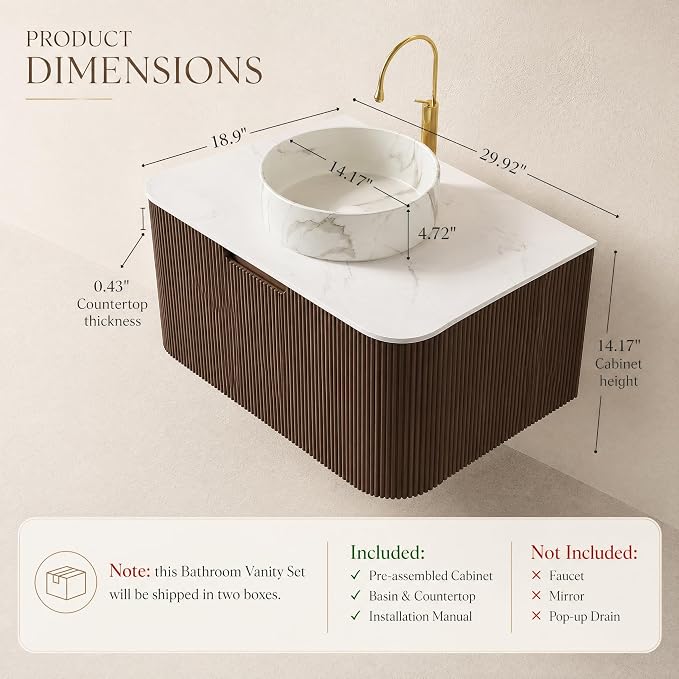 30 Inch Bathroom Vanity with Sink, Floating Wall Mounted Single Sink Vanity, Dark Walnut Curved Fluted Front, Stone Top, Marble-Look Round Vessel Basin, Pre-Assembled