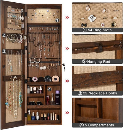 SRIWATANA Dark Brown Jewelry Cabinet with Full Length Mirror, Solid Wood | Wall & Door Mounted Wood Jewelry Armoire; Space-Saving Organizer with Lockable Door & Large Storage Capacity for Makeup