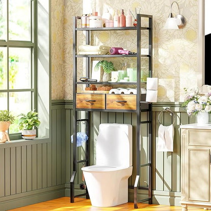 Simple Trending 4 Tier Over The Toilet Storage with Drawers, Heavy Duty Bathroom Stand Organizer Metal Shelves for Laundry, Black