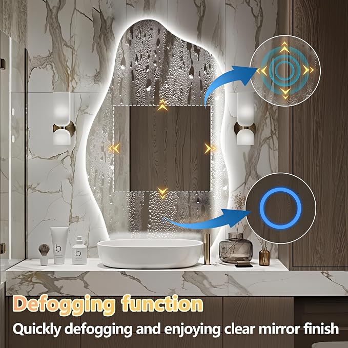 Niccy Irregular LED Bathroom Mirror, Wavy Backlit Wall Mirror, 24"x40" | Frameless Lighted Mirror for Bedroom Living Room, Modern Smart-Mirror with 3 Color Lighting, Anti-Fog, Memory Function