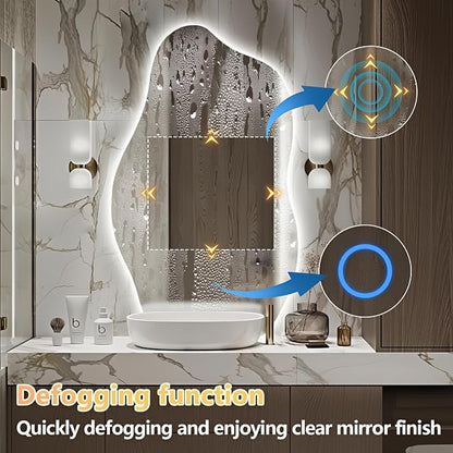 Niccy Irregular LED Bathroom Mirror, Wavy Backlit Wall Mirror, 24"x40" | Frameless Lighted Mirror for Bedroom Living Room, Modern Smart-Mirror with 3 Color Lighting, Anti-Fog, Memory Function