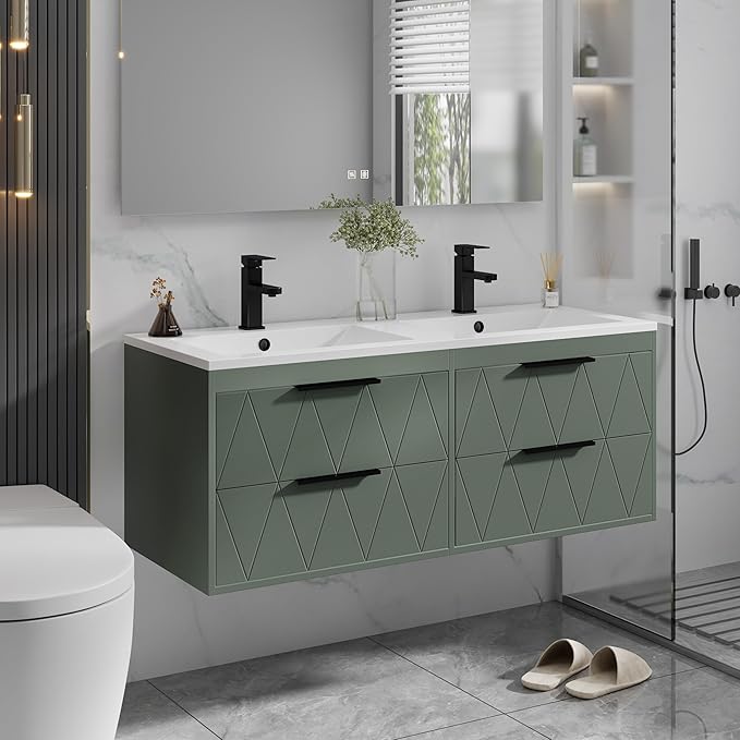 eclife 48" Bathroom Vanities Cabinet with Sink Combo, Wall Mounted Floating Cabinet W/Decor Line, Soft-Close System, 4 Extra Big Drawers, Matte Black Faucet, Gray Green