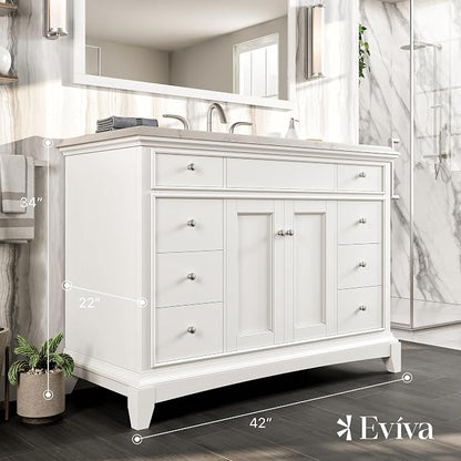 Modern Freestanding Bathroom Vanities - Solid Wood White 42 Inch Bathroom Sink Cabinet - Free-Standing Vanity Sinks for Bathrooms w/Brushed Nickel Knobs/Handles and Porcelain Vanity Sink