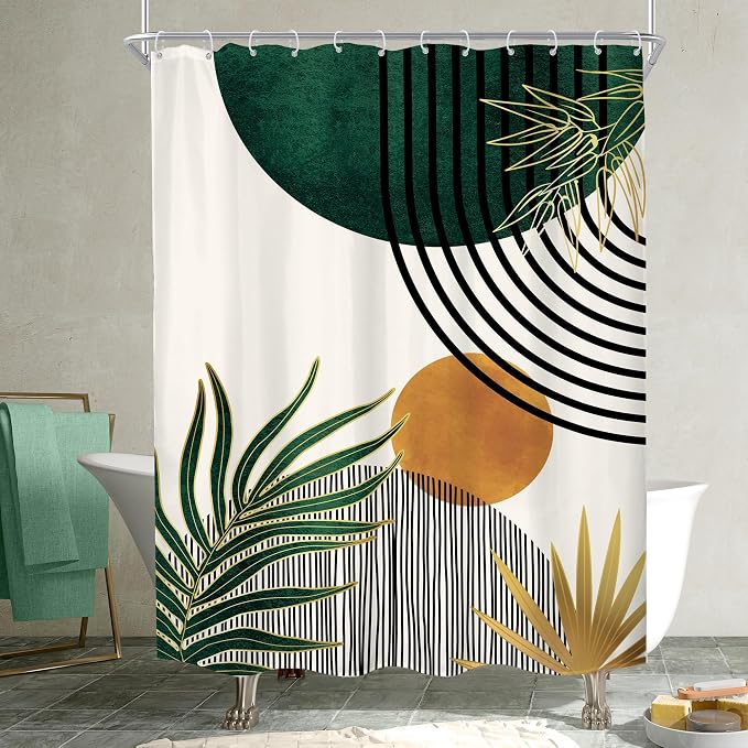KOMLLEX Mid Century Green Boho Abstract Modern Bathroom Shower Curtain Set | 54Wx78L Plant Botanical design, waterproof HD print with fast-drying fabric and 12 hooks.