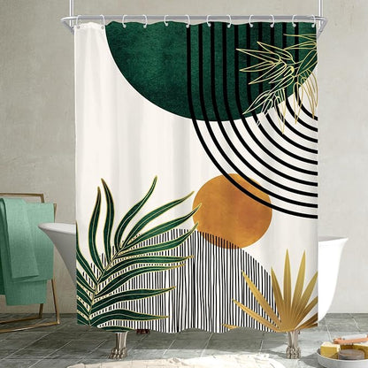 KOMLLEX Mid Century Green Boho Abstract Modern Bathroom Shower Curtain Set | 54Wx78L Plant Botanical design, waterproof HD print with fast-drying fabric and 12 hooks.