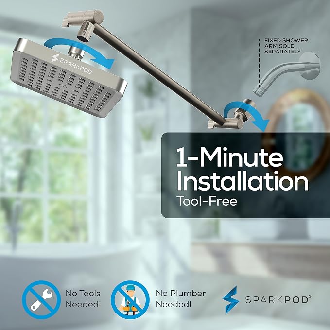 SparkPod 6" Square Rain Shower Head with 16" Shower Arm | Shower Head & Extension Arm Combo, Height Adjustable, High Pressure Performance, Easy 1-Minute Installation, Brushed Nickel