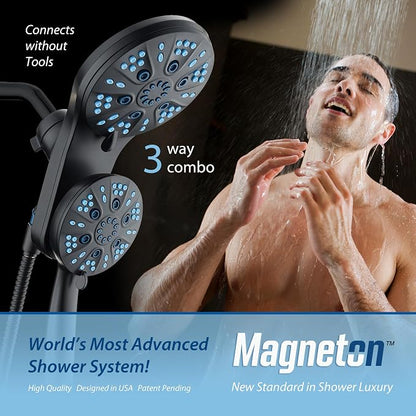 AquaCare Magneton 48-Mode High Pressure Rain & Handheld Shower Head Combo | Space-age Magnetic Guidance Docking, Dual 6-mode Heads with Hygienic Jets, Extra-long 6 ft. Stainless Steel Hose / Black