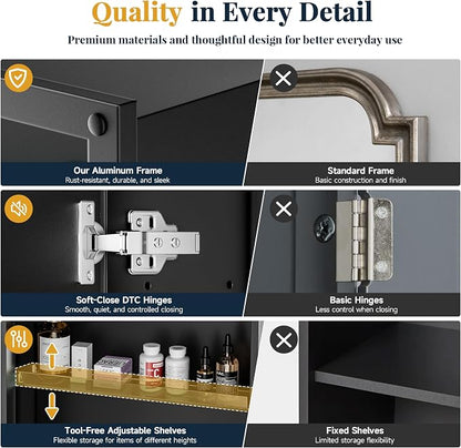 16x20 Medicine Cabinet with Mirror, Black Aluminum, Pre-Assembled | Bathroom mirror with storage, 3 adjustable acrylic shelves, Tempered Glass Mirror