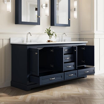 WELLFOR 72 Inch Bathroom Vanity with Double Sinks, Solid Wood Bathroom Vanity W/4 Soft-Close Doors and 6 Drawers, Cultured Marble Countertop Bathroom Vanities W/Two Sinks, (Navy Blue)
