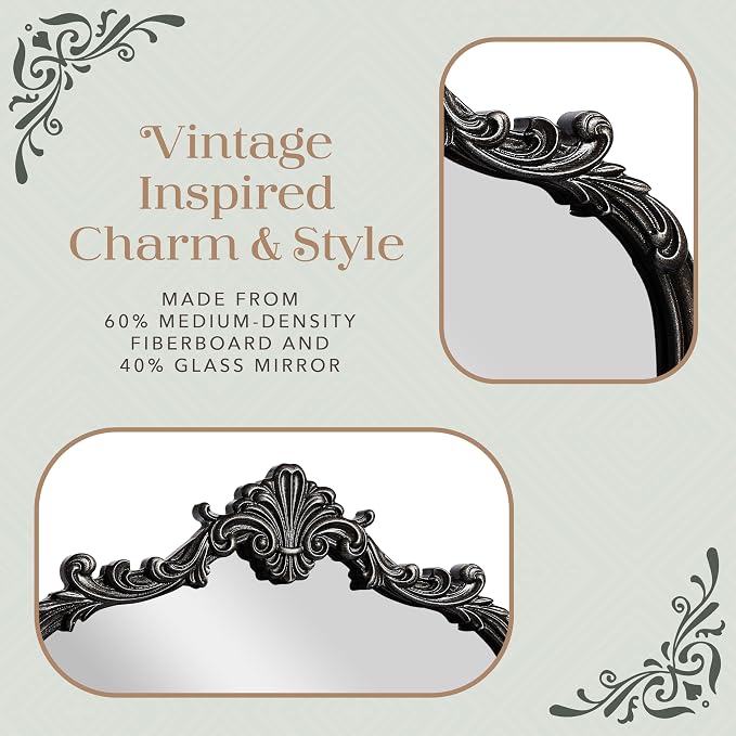 English Estate Carved Arch Wood Wall Mirror, Mirror for Entryway, Living Room, Bathroom, Distressed Black, 20.4x33
