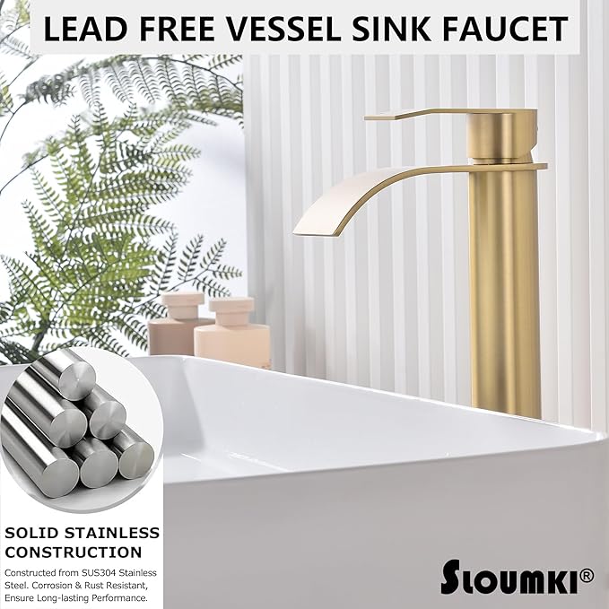 Brushed Gold Vessel Sink Faucet, High Bathroom Sink Faucet, High Waterfall Bathroom Faucet, Single Handle Basin Faucet, Come with Water Hose and Metal Pop Up Drain Without Overflow Hole