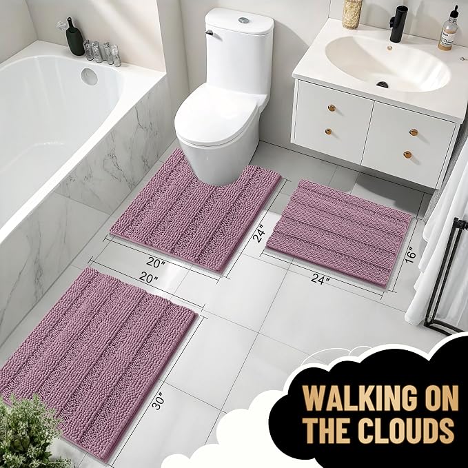 OLANLY Thick Bathroom Rugs 30x20, Chenille Striped Bath Rugs, Deep Plum | Rubber Backing, Machine Wash, Extra Soft Absorbent Bath Mats for Bathroom Floor, Tub and Shower, Home Decor Accessories
