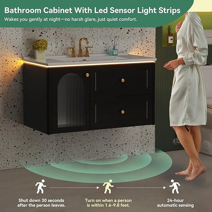 36 inch Floating Bathroom Vanity with Sink, Soft-Close Storage Cabinet and 2 Drawers, Wall-Mounted Modern LED Bathroom Cabinet with Ceramic Integrated Sink, Black