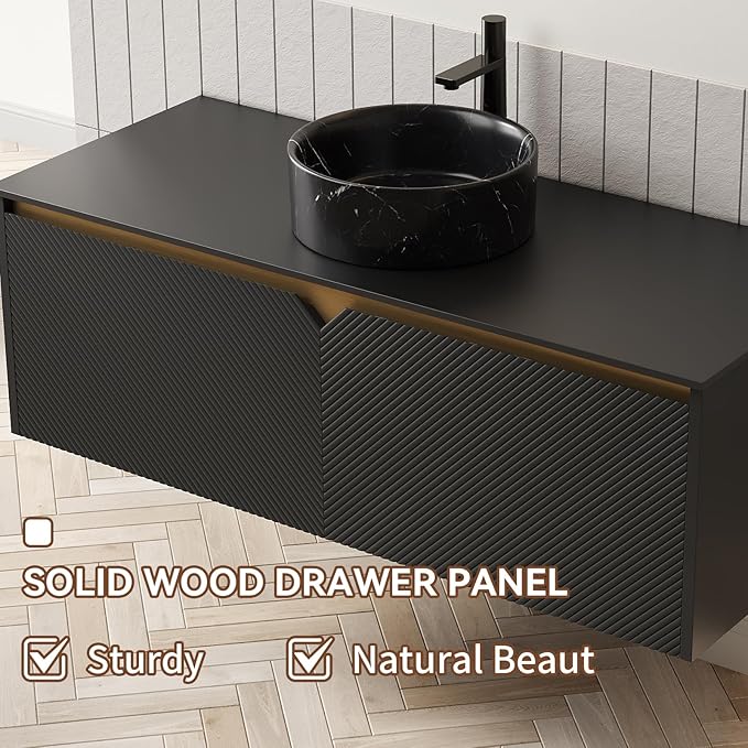 Bathroom Vanity with Sink 48 Inch, Floating Fluted Vanity with Vessel Sink, Modern Wall Mounted Bathroom Vanity Cabinet with 2 Doors, Black Ceramic Sink & Sintered Stone Top, Black